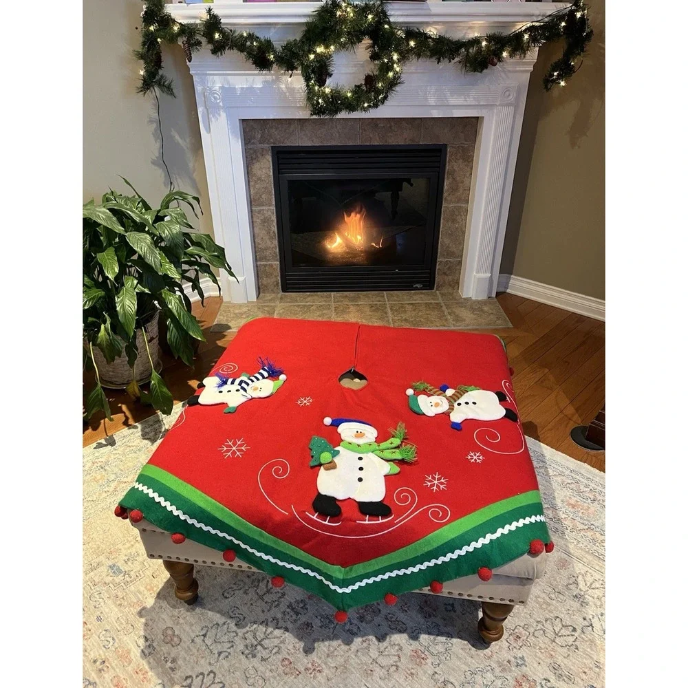 Vintage Felt Christmas Tree Skirt Table‎ Cover 3D Snowman Pom Embroider Applique